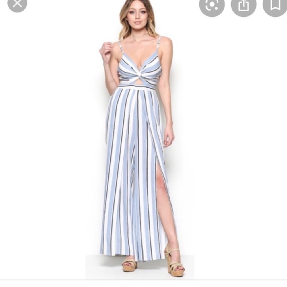 ILLA ILLA Sexy Blue Striped Bow Tie Back Slit Straight Leg Jumpsuit